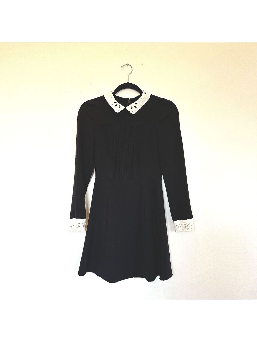 H&M Divided Black Fit Flare Mini Dress Size 2 White Eyelet Collar Cuffs Goth Mod